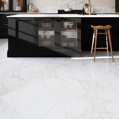 GoodHome Moteru White Polished Marble Effect Porcelain Indoor Wall & Floor TilePack Of 2(L)1200mm (W)600mm from B&Q