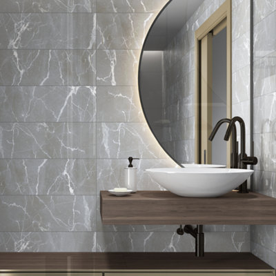 GoodHome Elegance Silver Gloss Marble Effect Ceramic Indoor Wall TilePack Of 12(L)600mm (W)200mm from B&Q