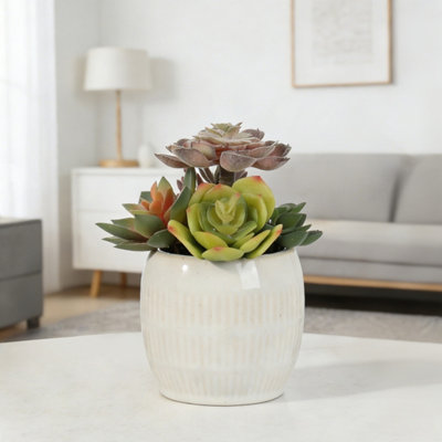 White 17.5Cm Succulent Plant Pot With Artificial Plant In White Ceramic Pot from B&Q