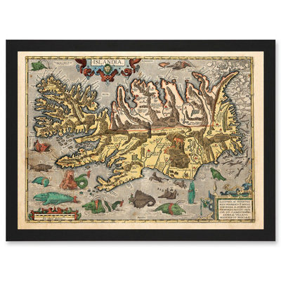 Artery8 Map Ortelius 1585 Iceland Islandia Sea Monsters Pictorial Fantasy Wall Art PrintA4 Size from B&Q