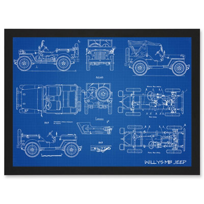Artery8 Willys Mb Us Army Military Jeep Vehicle Blueprint Plan Wall Art PrintA4 Size from B&Q