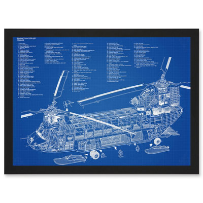 Artery8 Chinook Helicopter Ch-47D Military Transport Blueprint Plan Wall Art PrintA4 Size