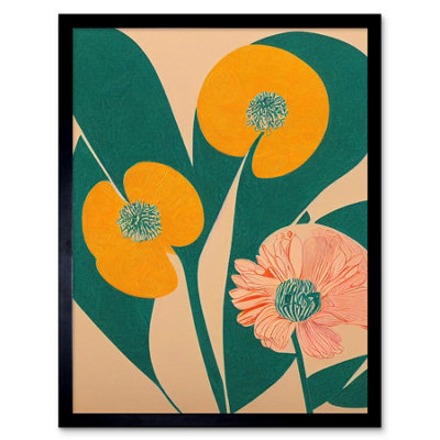 Artery8 Framed Wall Art California Poppy Flower Blooms Turquoise Leaves Bright12X16 Inch from B&Q