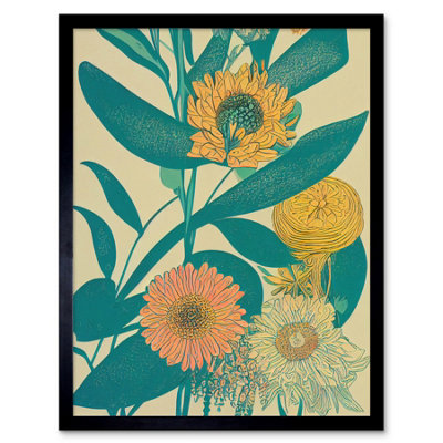 Artery8 Framed Wall Art Marigold Daisy Flowers Turquoise Leaves Bright Colourful Abstract12X16 Inch from B&Q