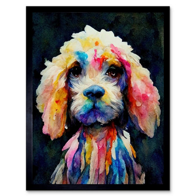 Artery8 Framed Wall Art Bright Abstract Colourful Dog Spaniel Cavapoo Cockapoo12X16 Inch from B&Q