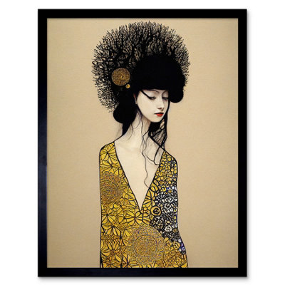 B&Q -  Framed Wall Art Golden Geisha Girl Abstract Elegant Painting12X16 Inch