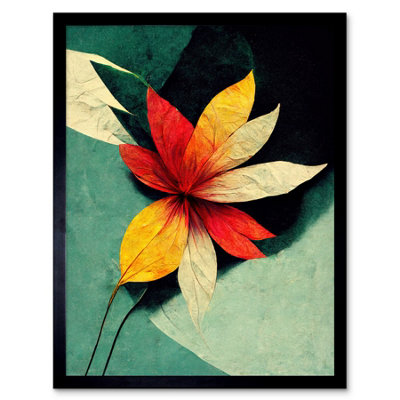 B&Q -  Framed Wall Art Abstract Flowers Teal Red Yellow12X16 Inch