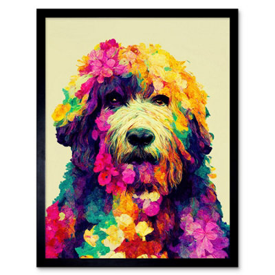 Artery8 Framed Wall Art Colourful Vibrant Floral Labradoodle Dog Abstract Portrait12X16 Inch from B&Q