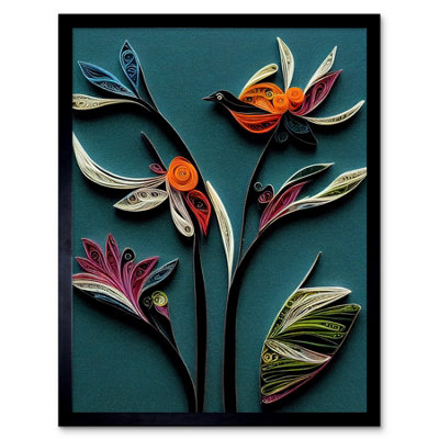 B&Q -  Framed Wall Art Modern Paper Quilling Bird On Exotic Flower Plant Leaves Blue Orange Teal12X16 Inch