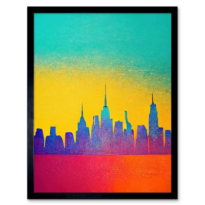 B&Q -  Framed Wall Art Bright Colourful Abstract New York Skyline Cityscape Yellow Blue Coral Turquoise12X16 Inch