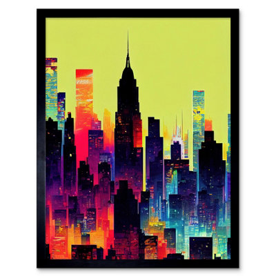 Artery8 Framed Wall Art New York Vibrant Multi Coloured Graphic Design Skyscraper Cityscape Silhouette12X16 Inch from B&Q