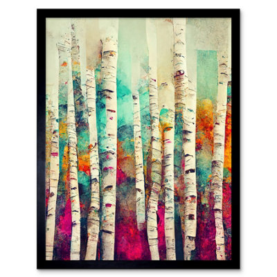 Artery8 Framed Wall Art Abstract Multi Coloured Birch Tree Forest Vibrant Colourful Oil Painting12X16 Inch from B&Q