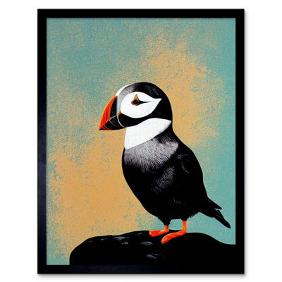 B&Q -  Framed Wall Art Cute Puffin Bird On Rock Modern12X16 Inch
