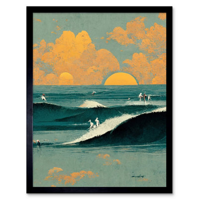 Artery8 Framed Wall Art Surfers Surfing Chasing Waves At Sunset Teal Mustard Abstract Oil Paint12X16 Inch from B&Q