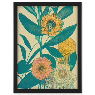 Artery8 Marigold Daisy Flowers Turquoise Leaves Bright Colourful Abstract Wall Art PrintA4 Size from B&Q