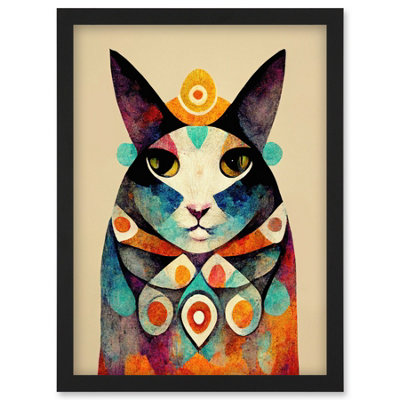 Artery8 Quirky Boho Abstract Modern Shaman Guru Cat Wall Art PrintA4 Size from B&Q