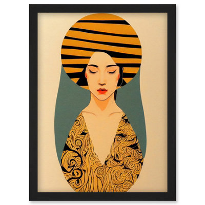 B&Q -  Retro Woman Mid Century Bohemian Yellow Art Nouveau Wall Art PrintA4 Size