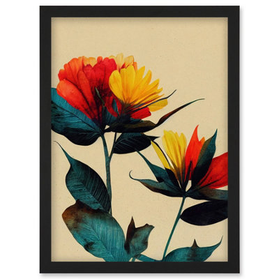 Artery8 Botanical Bold Flowering Yellow Red Teal Wall Art PrintA4 Size from B&Q