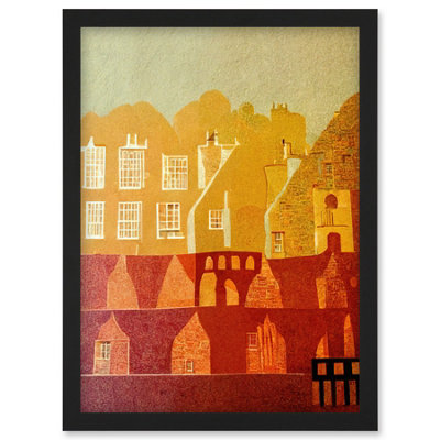 B&Q -  Vintage Folk Art Mid Century Cityscape Abstract Wall Art PrintA4 Size