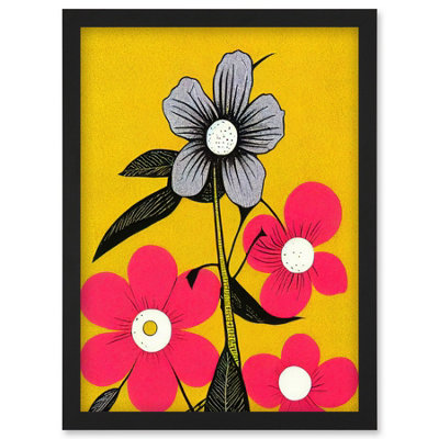 Artery8 Bold Flowers Linocut Pink And Mustard Yellow Print Wall Art PrintA4 Size from B&Q