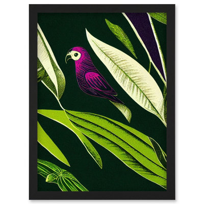 Artery8 Pink Parrot And Tropical Plant Leaves Vintage Linocut Pattern Detail Wall Art PrintA4 Size from B&Q