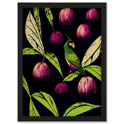 Artery8 Parrot In Tree Fruit Bright Green And Purple Black Colour Linocut Illustration Modern Vintage Wall Art PrintA4 Size from B&Q
