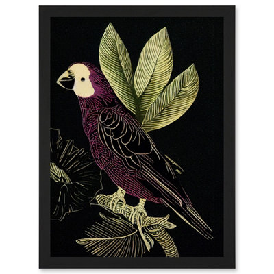 Artery8 Burgundy Parrot Leaves Tree Branch On Black Vintage Linocut Illustration Wall Art PrintA4 Size from B&Q