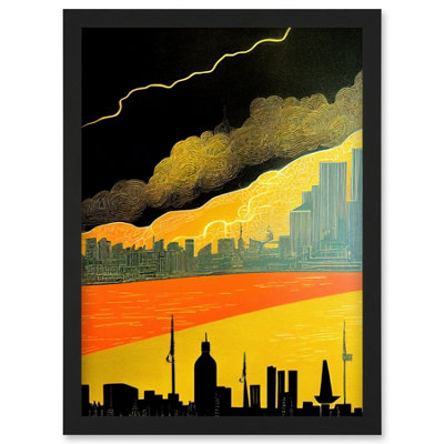 Artery8 Modern Black Yellow Orange Linocut London Skyline Cityscape Storm Lightning Wall Art PrintA4 Size from B&Q
