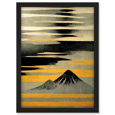 B&Q -  Modern Simple Mount Fuji Painting In Silver Grey Black Gold Wall Art PrintA4 Size