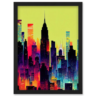 Artery8 New York Vibrant Multi Coloured Graphic Design Skyscraper Cityscape Silhouette Wall Art PrintA4 Size from B&Q