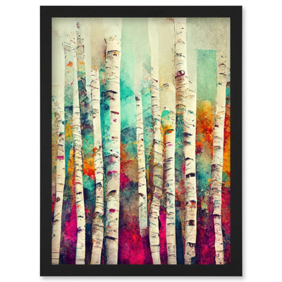 Artery8 Abstract Multi Coloured Birch Tree Forest Vibrant Colourful Oil Painting Wall Art PrintA4 Size from B&Q