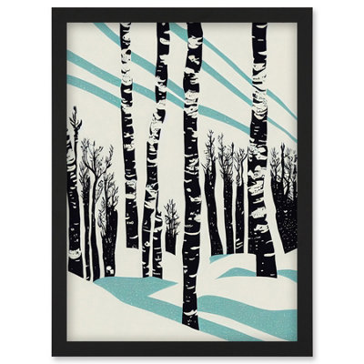 Artery8 Modern Birch Tree Forest In Winter Modern Stencil Design Monochrome And Teal Wall Art PrintA4 Size from B&Q