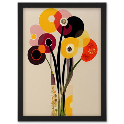 B&Q -  Abstract Retro Spring Summer Flowers Floral Yellow Burgundy Orange Bouquet Vase Wall Art PrintA4 Size