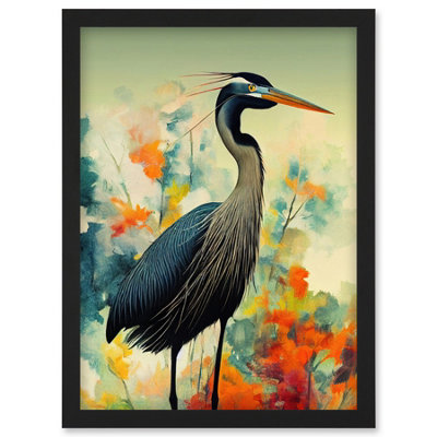 B&Q -  Heron Bird In Abstract Flower Field Colourful Teal Orange Navy Illustration Wall Art PrintA4 Size