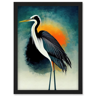 Artery8 Heron Monochrome Bird Portrait Orange Sunrise Illustration Acrylic Paint Wall Art PrintA4 Size from B&Q