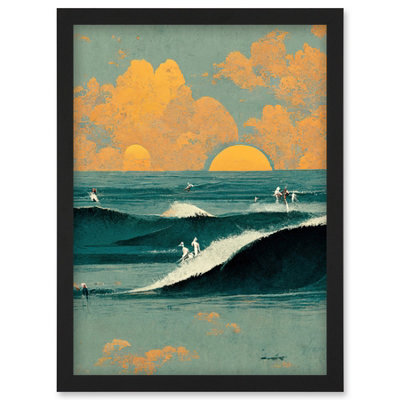 Artery8 Surfers Surfing Chasing Waves At Sunset Teal Mustard Abstract Oil Paint Wall Art PrintA4 Size from B&Q