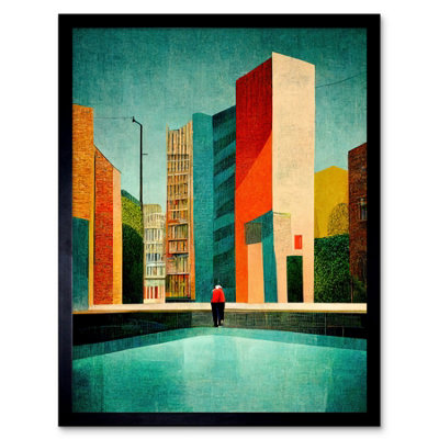 Artery8 Framed Wall Art Midcentury Style Cityscape Skyline Painting Orange Teal Ochre12X16 Inch from B&Q