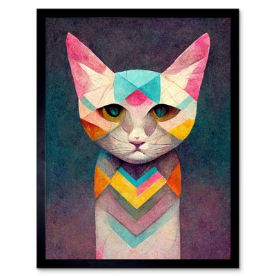 Artery8 Framed Wall Art Geometric Colourful Multicoloured Pastel Cat Painting12X16 Inch from B&Q