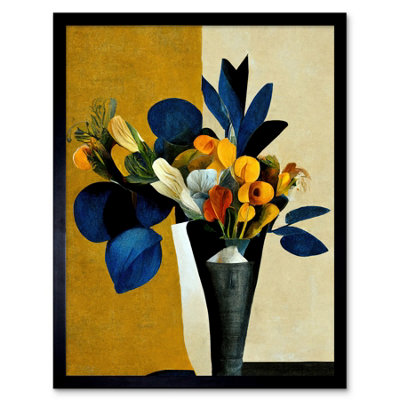 Artery8 Framed Wall Art Blue Mustard Ochre Orange Autumnal Abstract Bouquet Flowers Painting12X16 Inch from B&Q