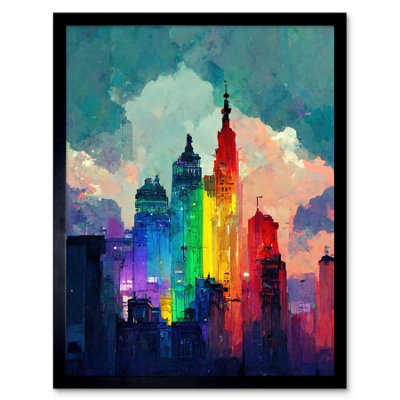 Artery8 Framed Wall Art Rainbow Skyscrapers Skyline Cityscape Abstract Multicoloured Painting12X16 Inch from B&Q