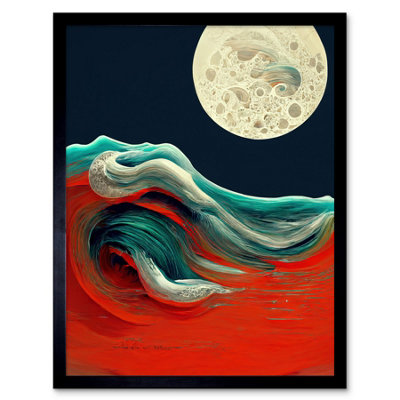 B&Q -  Framed Wall Art Full Moon On Red Ocean Waves Swirl Abstract Painting12X16 Inch