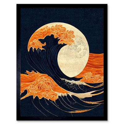 B&Q -  The Great Wave At Full Moon Japanese Seascape Woodblock Framed Wall Art Print