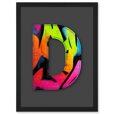 B&Q -  Letter D Fluorescent Abstract Decorative Graffiti Mural Alphabet Initial Stencil Wall Art PrintA4 Size