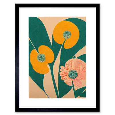 B&Q -  Wall Art Print California Poppy Flower Blooms Turquoise Leaves Bright Artwork Framed 9X7 Inch