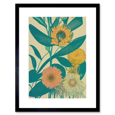 Artery8 Wall Art Print Marigold Daisy Flowers Turquoise Leaves Bright Colourful Abstract Artwork Framed 9X7 Inch from B&Q