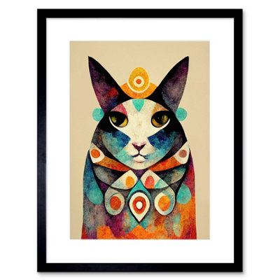 Artery8 Wall Art Print Quirky Boho Abstract Modern Shaman Guru Cat Artwork Framed 9X7 Inch from B&Q