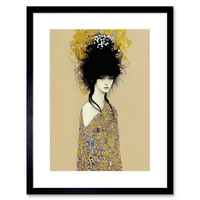 Artery8 Wall Art Print Woman In Klimt Style Dress Gold Black Painting Artwork Framed 9X7 Inch from B&Q