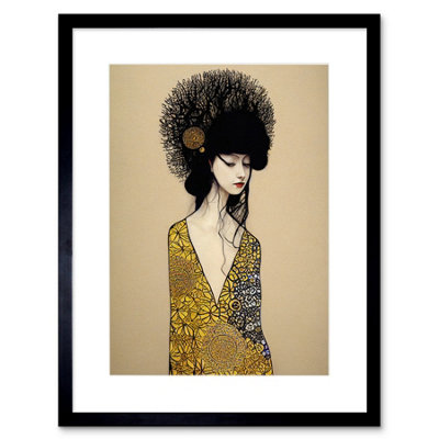 B&Q -  Wall Art Print Golden Geisha Girl Abstract Elegant Painting Artwork Framed 9X7 Inch