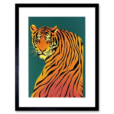 B&Q -  Wall Art Print Modern Tiger Portrait On Teal Orange Bold Artwork Framed 9X7 Inch