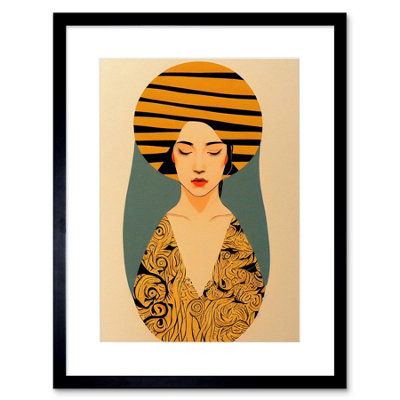 B&Q -  Wall Art Print Retro Woman Mid Century Bohemian Yellow Art Nouveau Artwork Framed 9X7 Inch